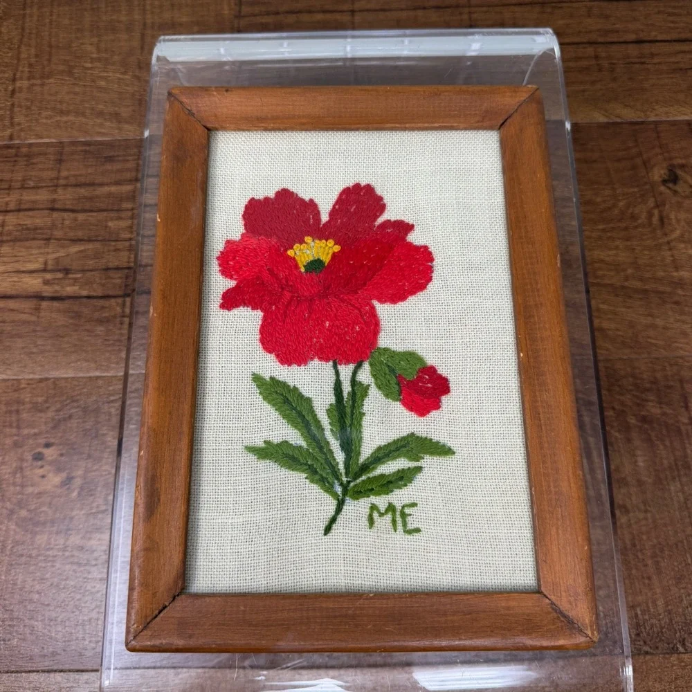 Vintage 1980 Handmade Floral Embroidery Hand Made Wood Frame Art Signed ME